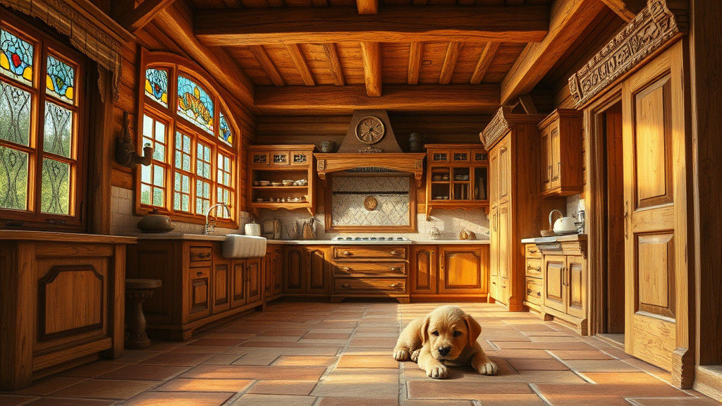 Rustic Wood Kitchen with Stained Glass Windows