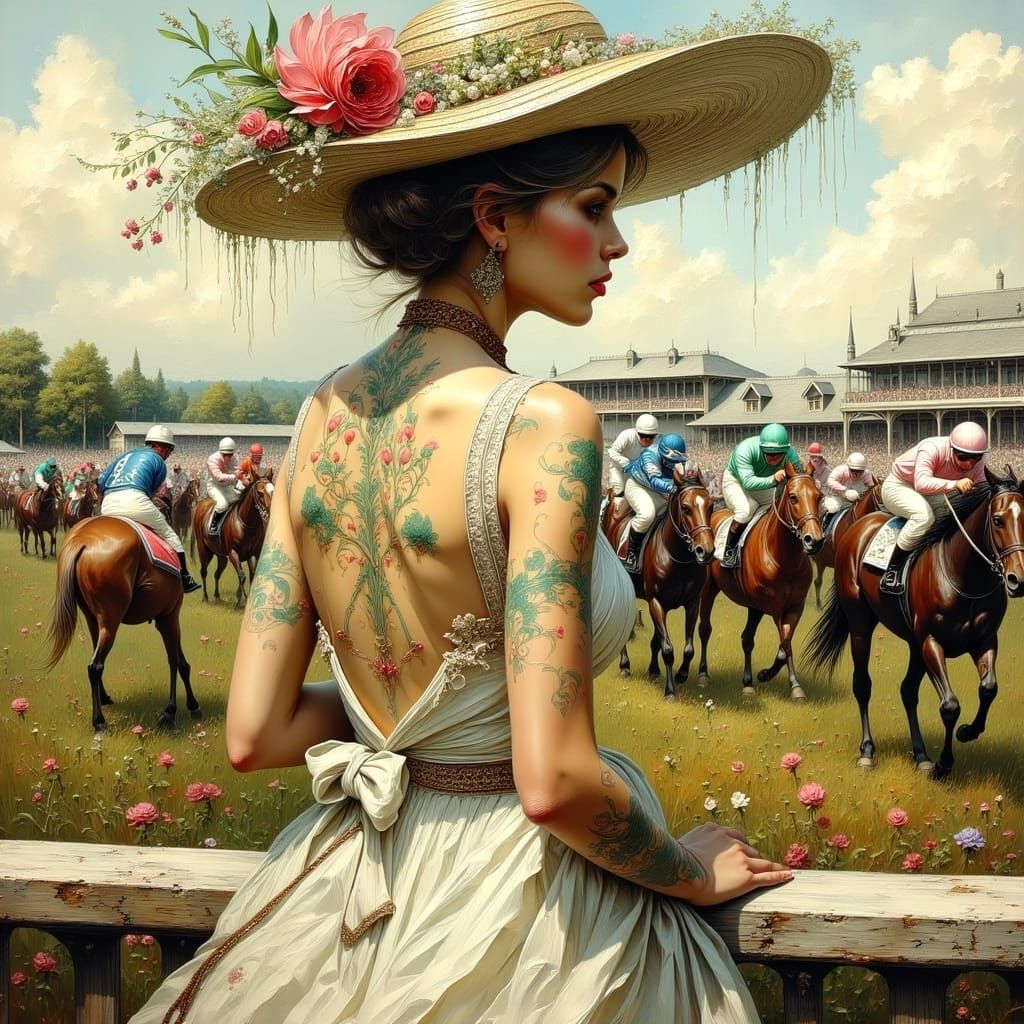 English Village Hat at the Races: Impasto Oil Painting