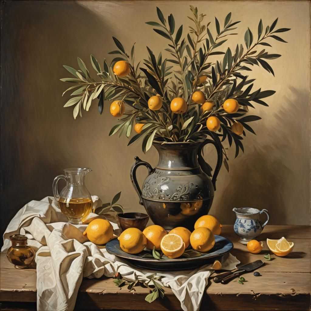 Classic Dutch Still Life with Oil and Fruit