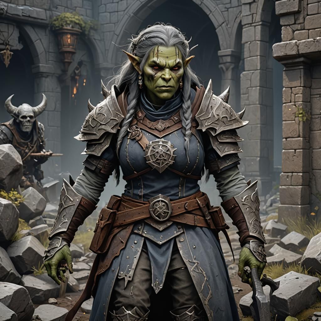 Fantasy Half-Orc Gravedigger Cleric in Detailed Painting