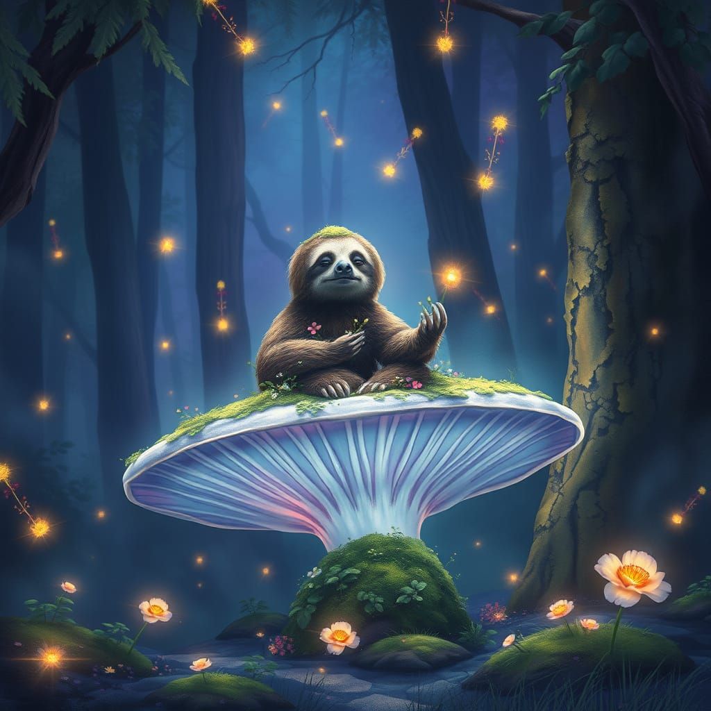 Ancient Sloth Meditating on Bioluminescent Mushroom