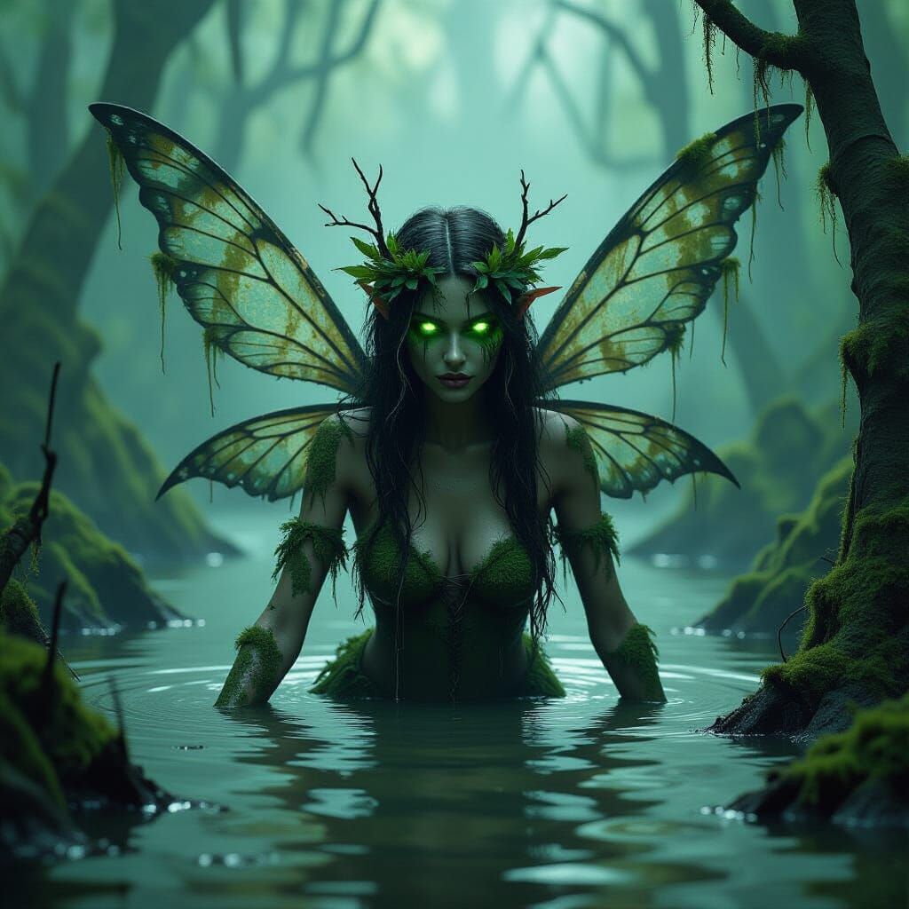 Swamp Fairy Emerging from a Murky Bog in Surreal Style