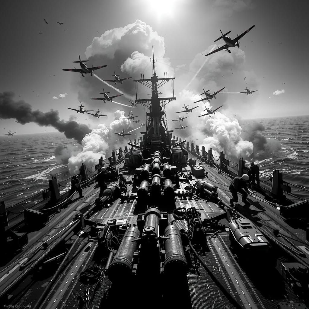 War-Torn Battleship at Pearl Harbor in Dramatic Black-and-Wh...