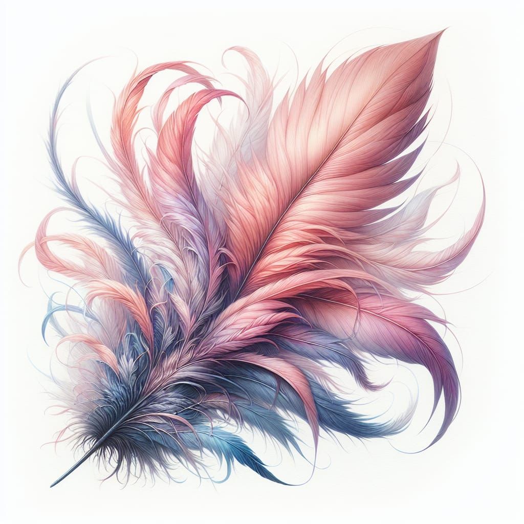 Watercolor Feather with Delicate Barbs on White
