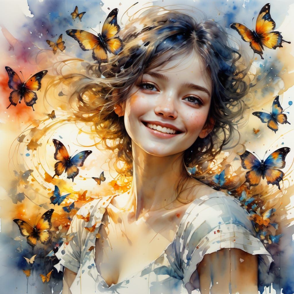 Enchanting Watercolor Portrait of a Happy Woman with Swirlin...