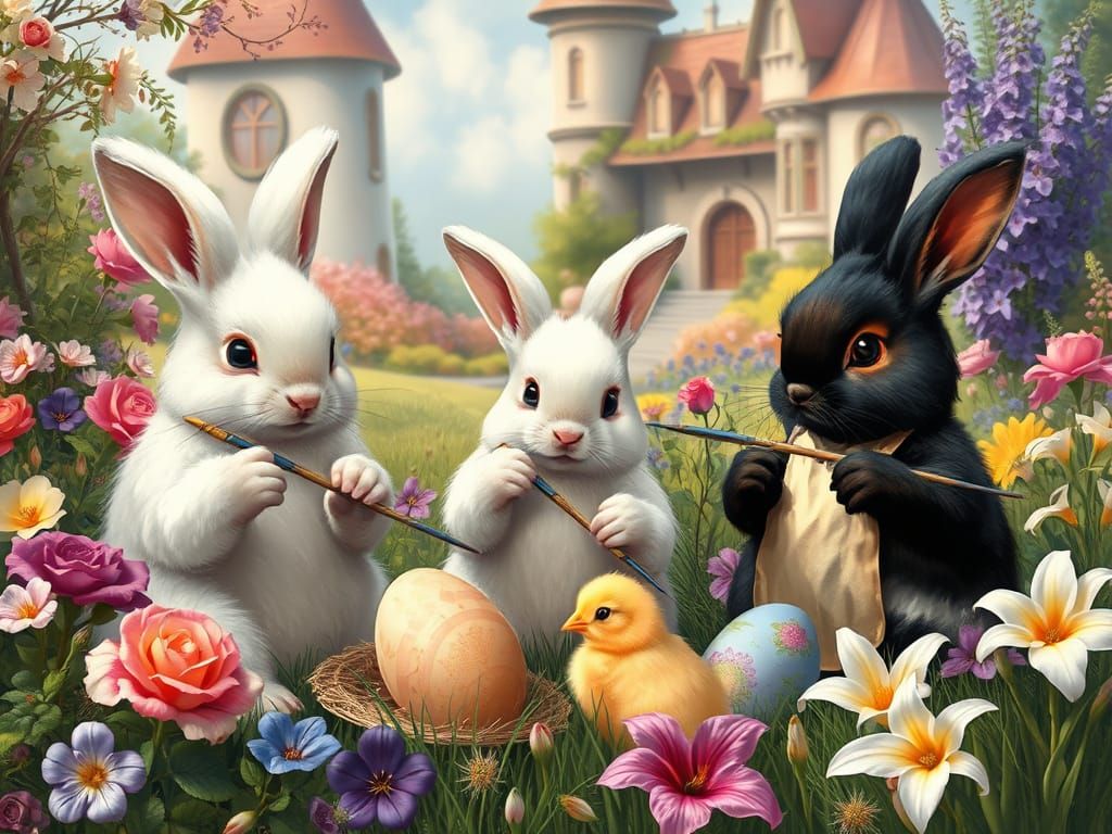 Bunnies Painting Easter Eggs in Dreamlike Meadow