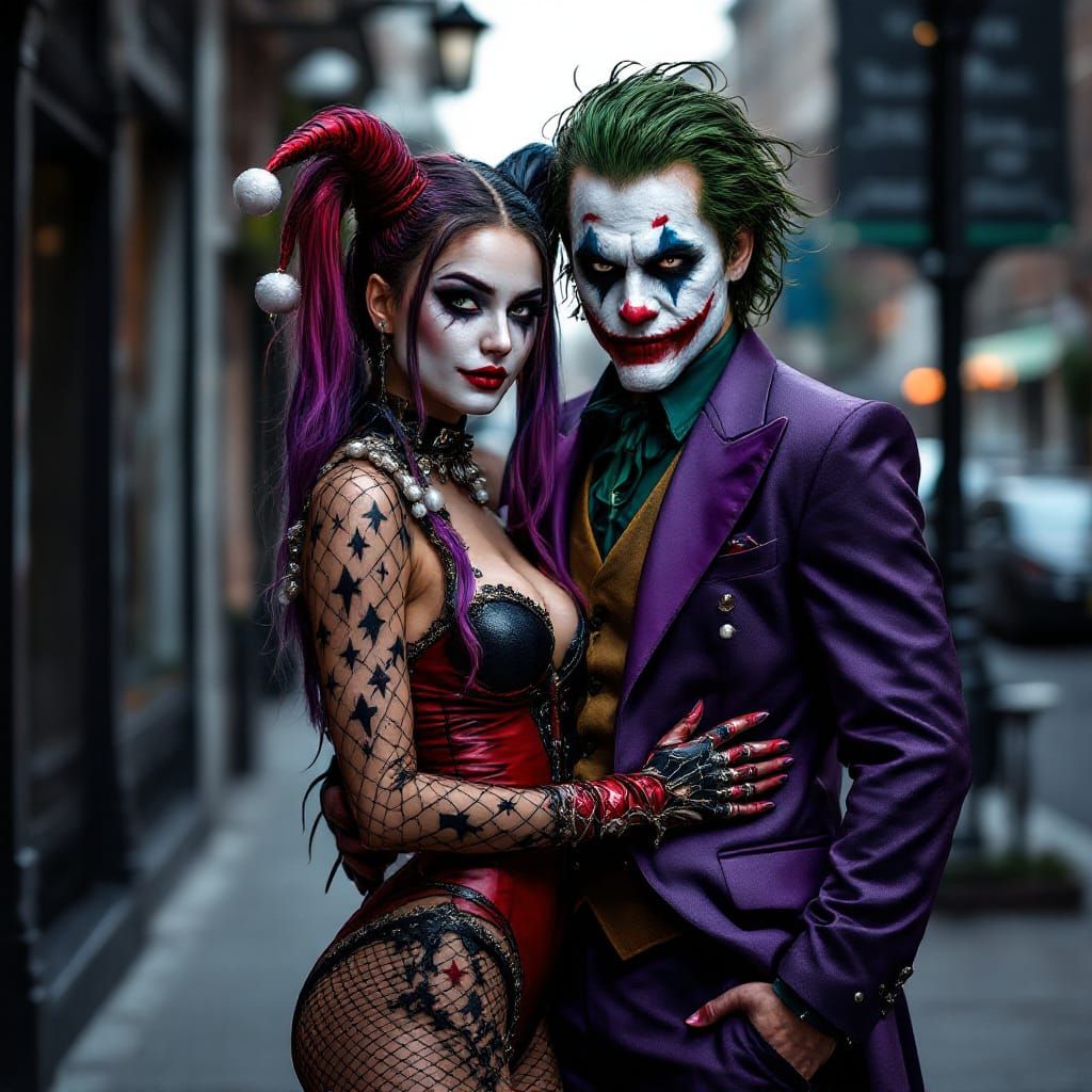 Hyperrealistic Couple in Harley Quinn and Joker Costumes