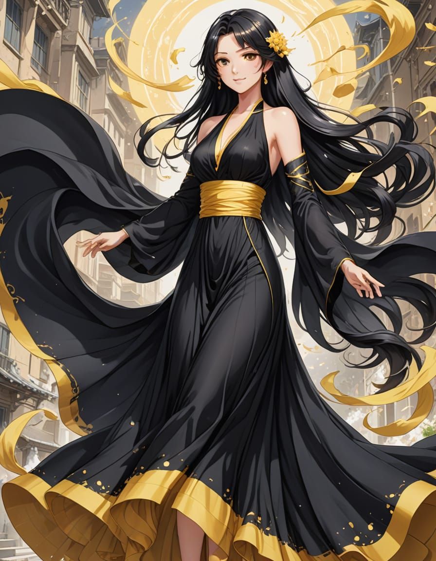 Anime Woman Levitating in Flowing Black Dress