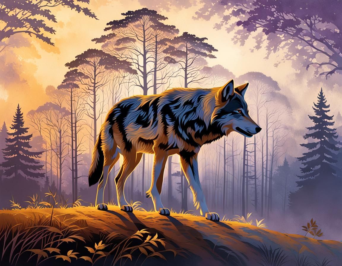 Misty Forest Wolf in Fine Etch Art