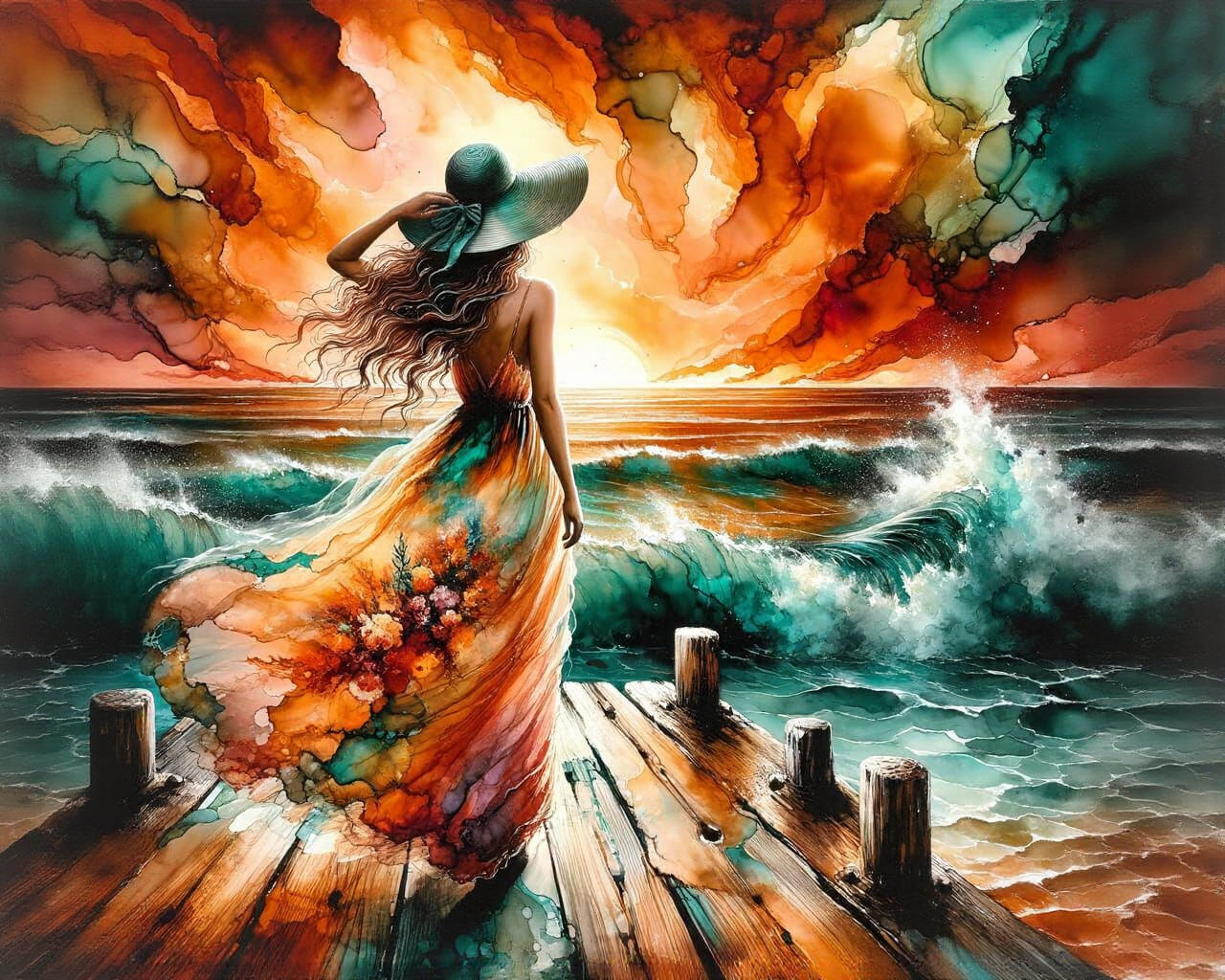 Alcohol Ink Painting of Woman at Fiery Sunset Pier