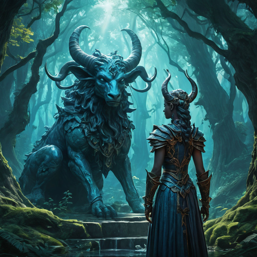 Tiefling Reverence Before Ancient Queen Statue