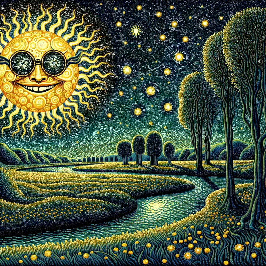 Pointillist Moon with Solar Glasses Shines at Night