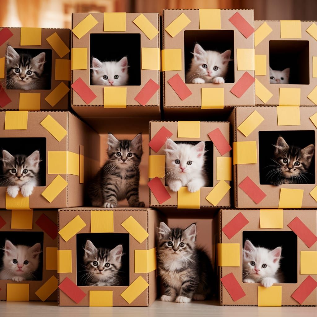 Kittens Play in Cardboard Box Hotel