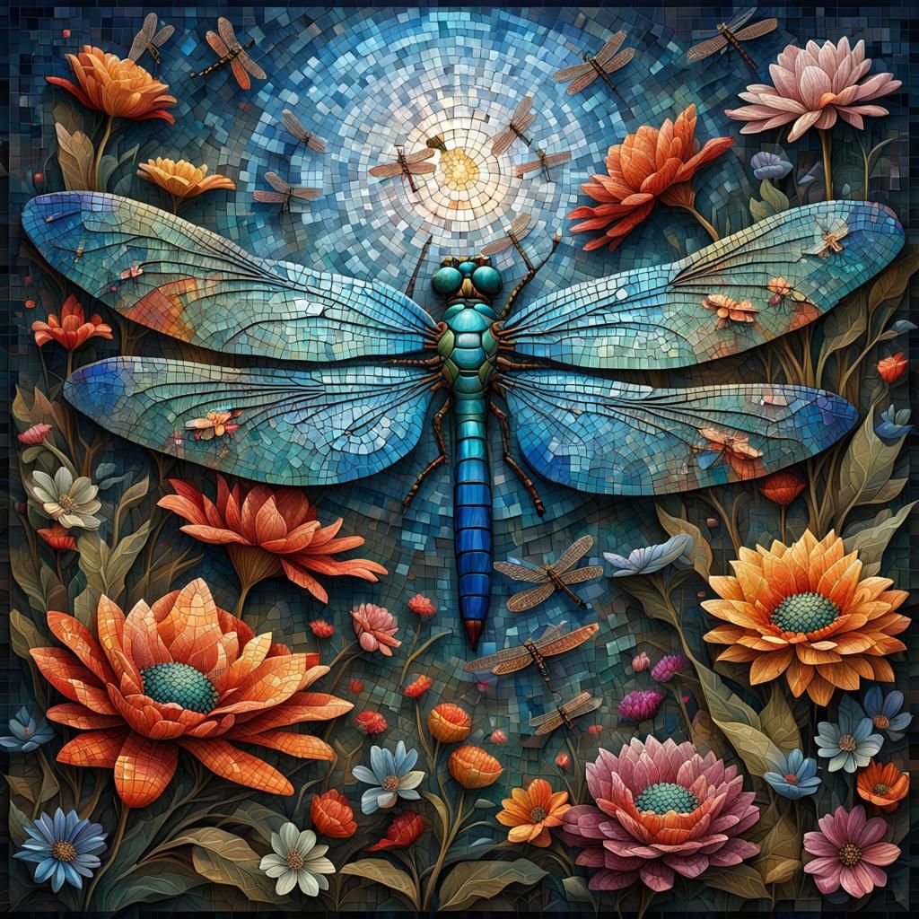 Detailed Mosaic of Flowers and Dragonflies