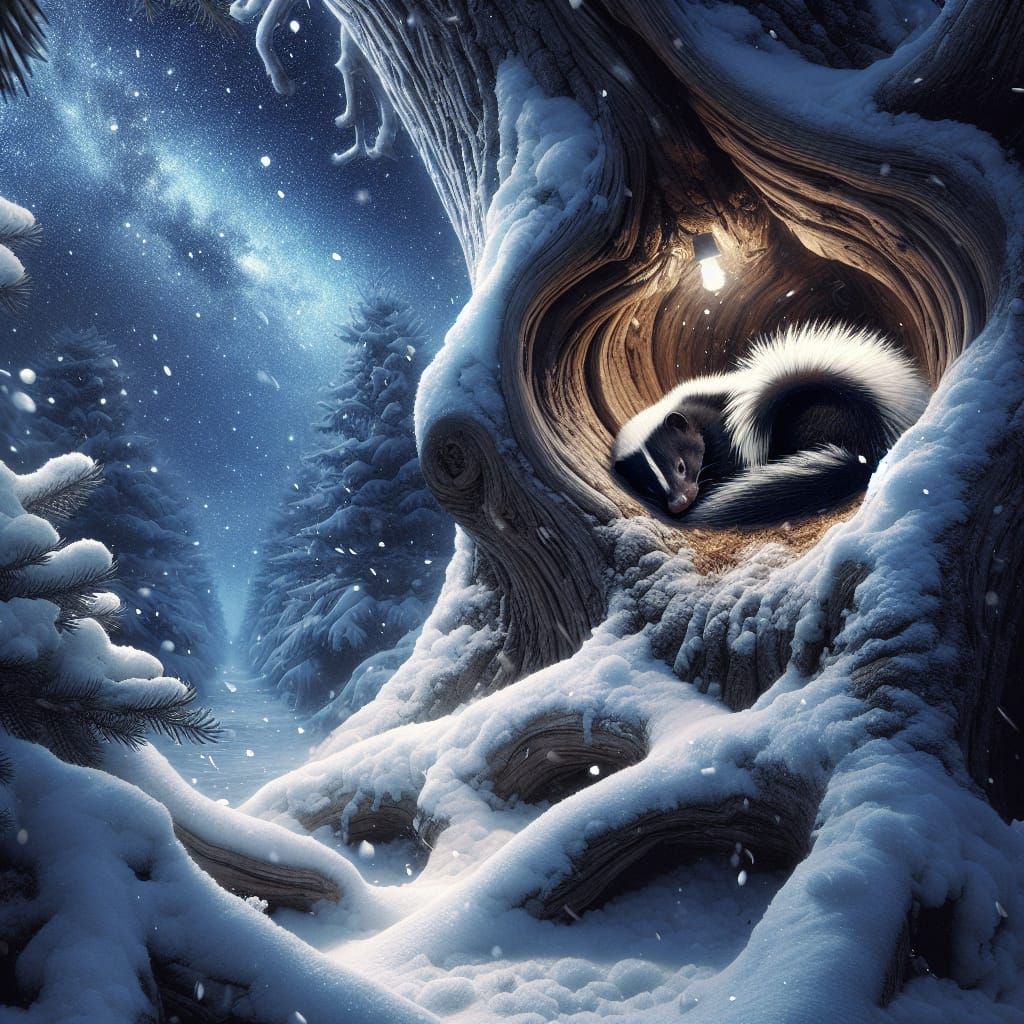 Peaceful Skunks in Snowy Tree Hollow