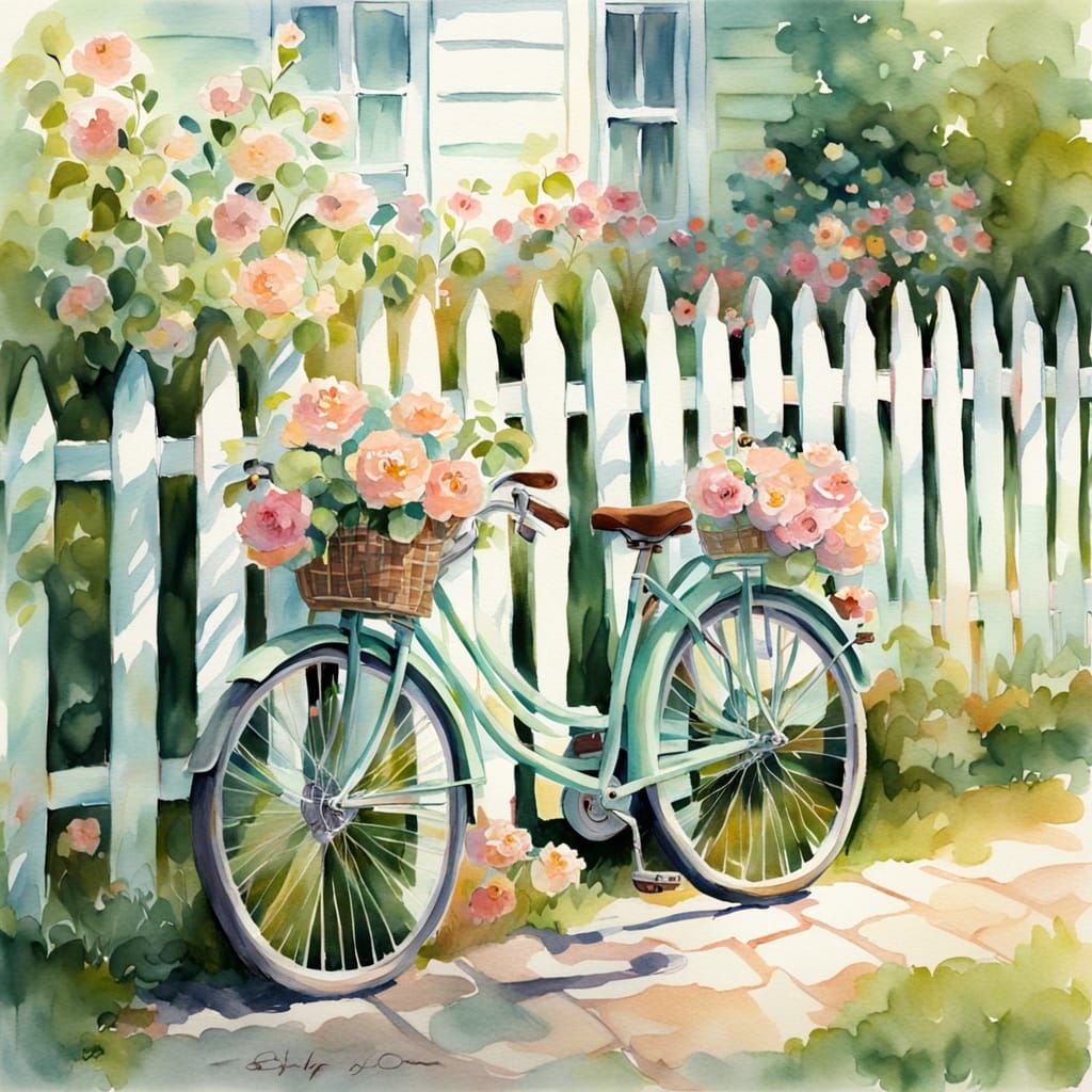 Seafoam Green Bicycle with Flowers, Watercolor Painting