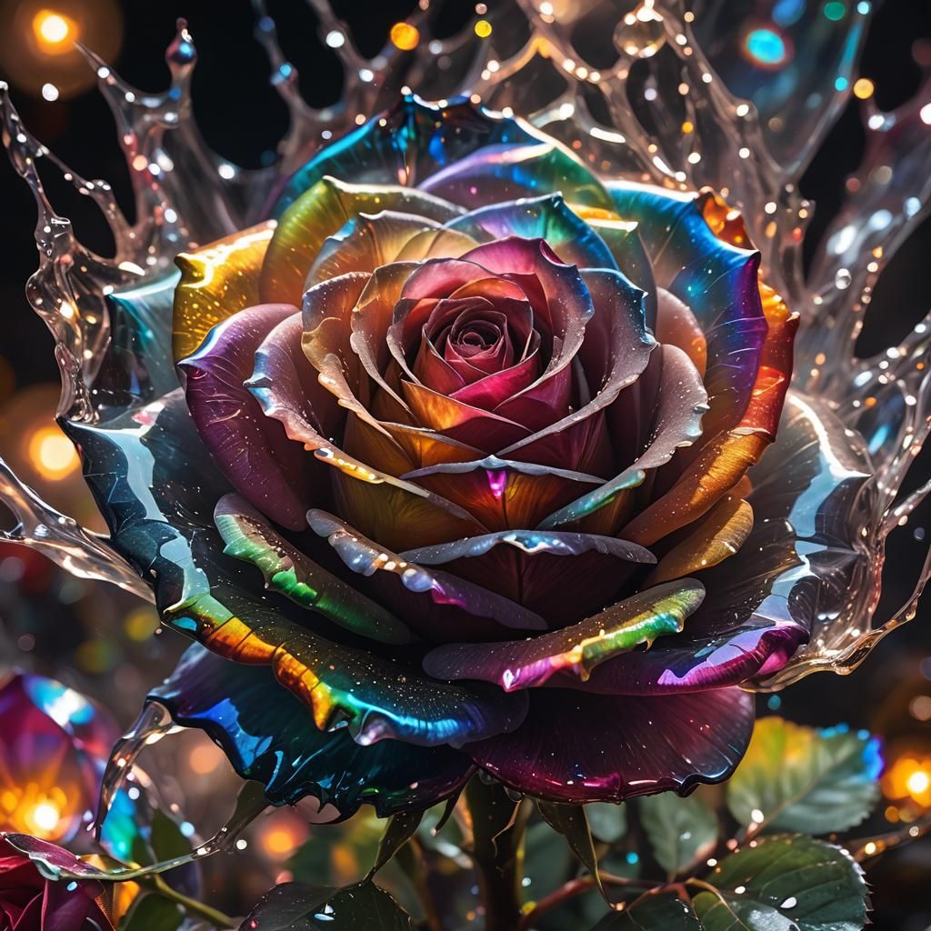 Rainbow Glass Rose in Dark Mystical Environment