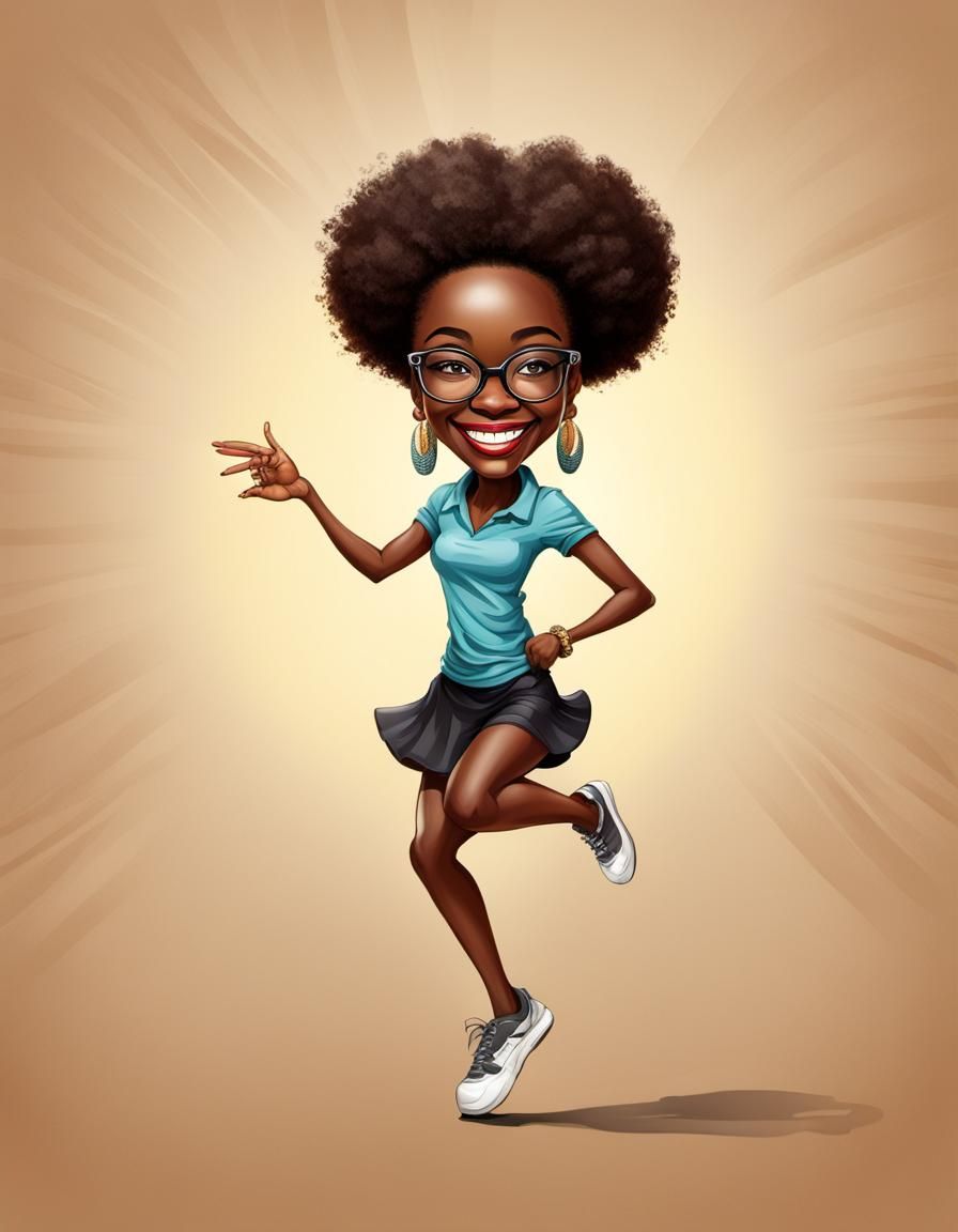 Cheerful Caricature of Dancing Girl with Glasses