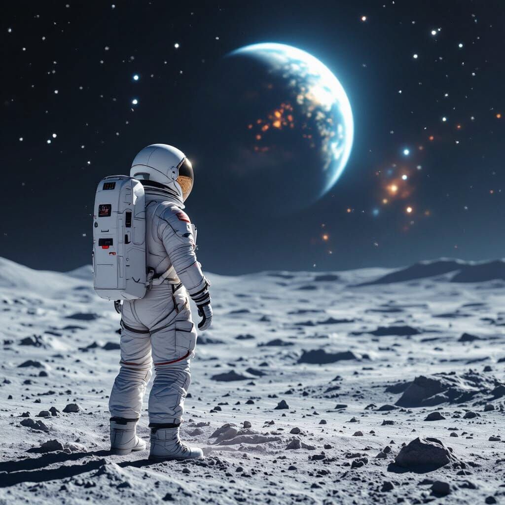 Astronaut Gazes at Earth from Moonscape, Cosmic Nebula