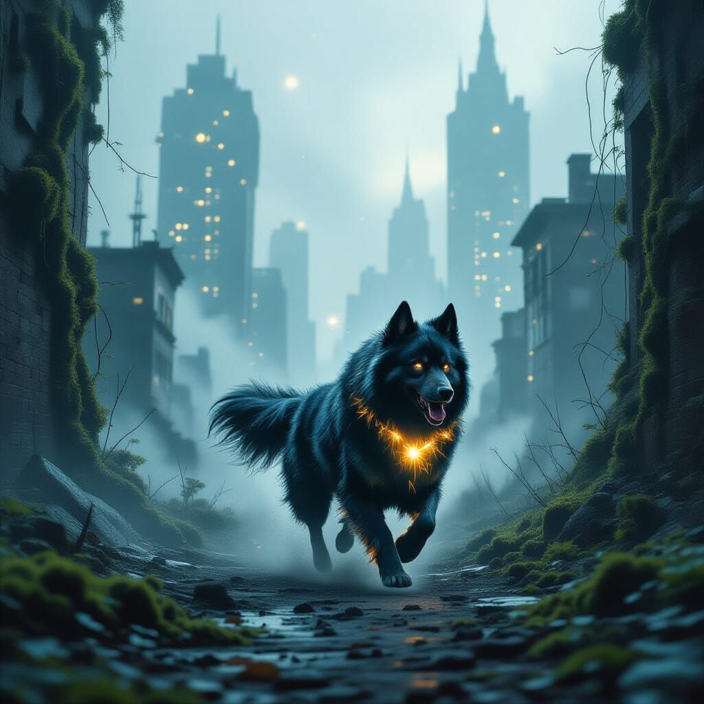 Ethereal Spectral Dog in Desolate City Concept Art