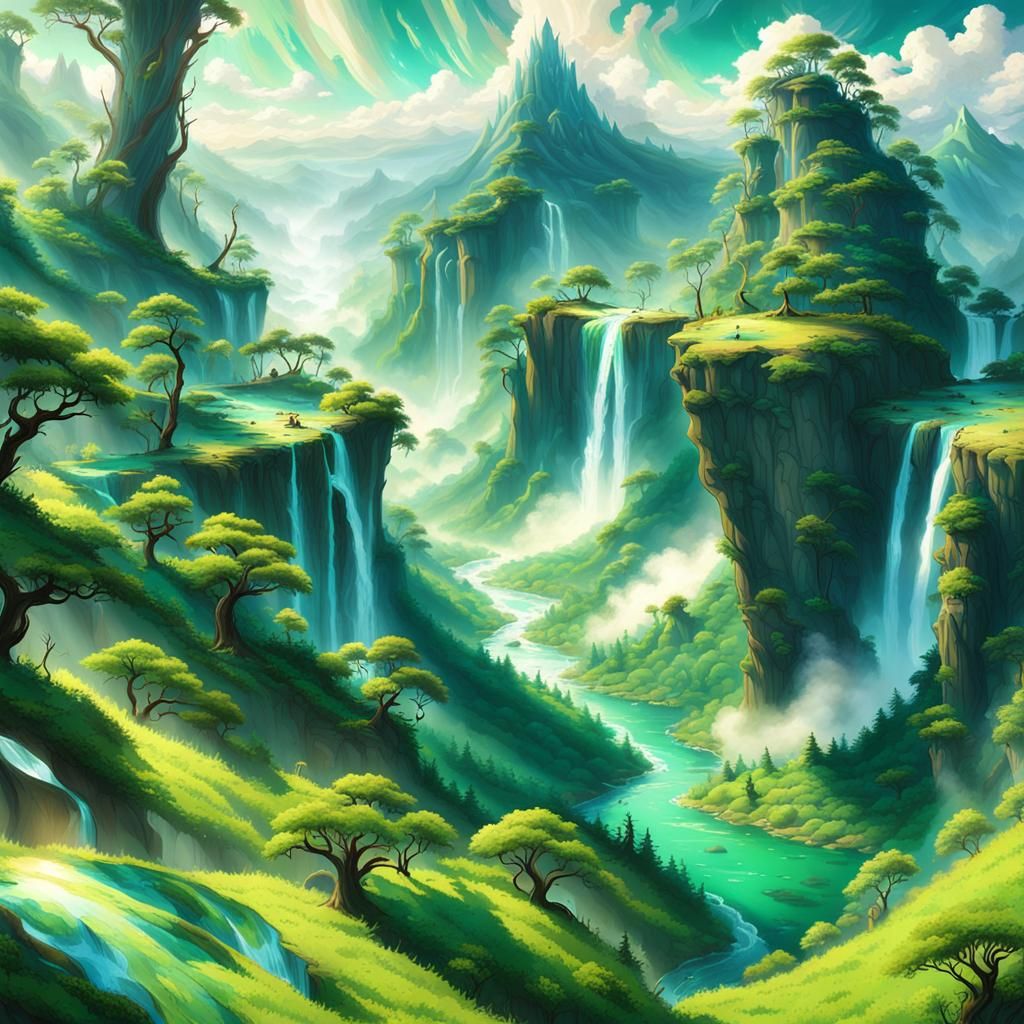 Lush Island with Iridescent Waterfall in Surreal Style