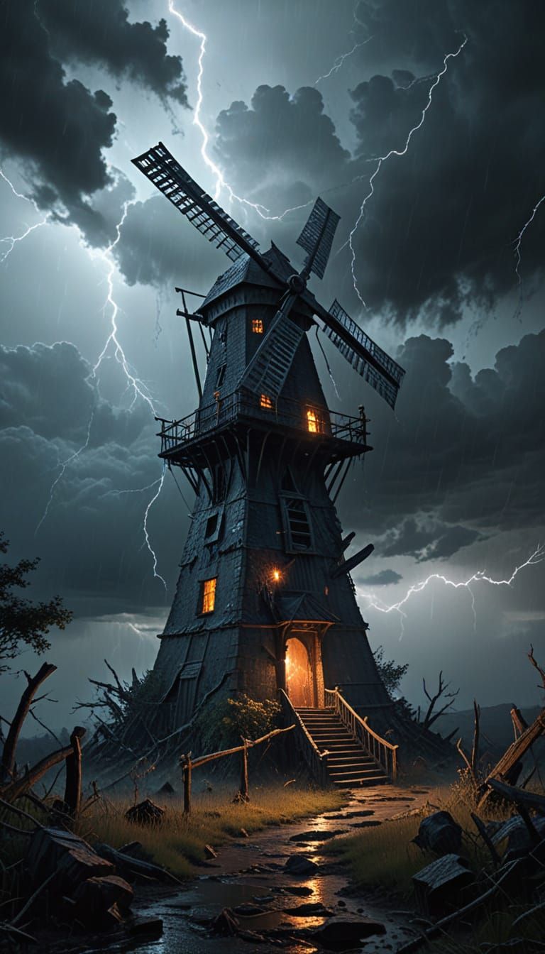 Dark Fantasy Windmill Amidst a Lightning Storm