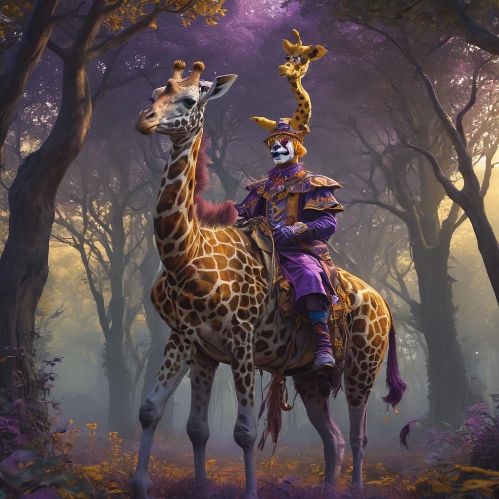 Clown Riding Giraffe in Mystical Forest
