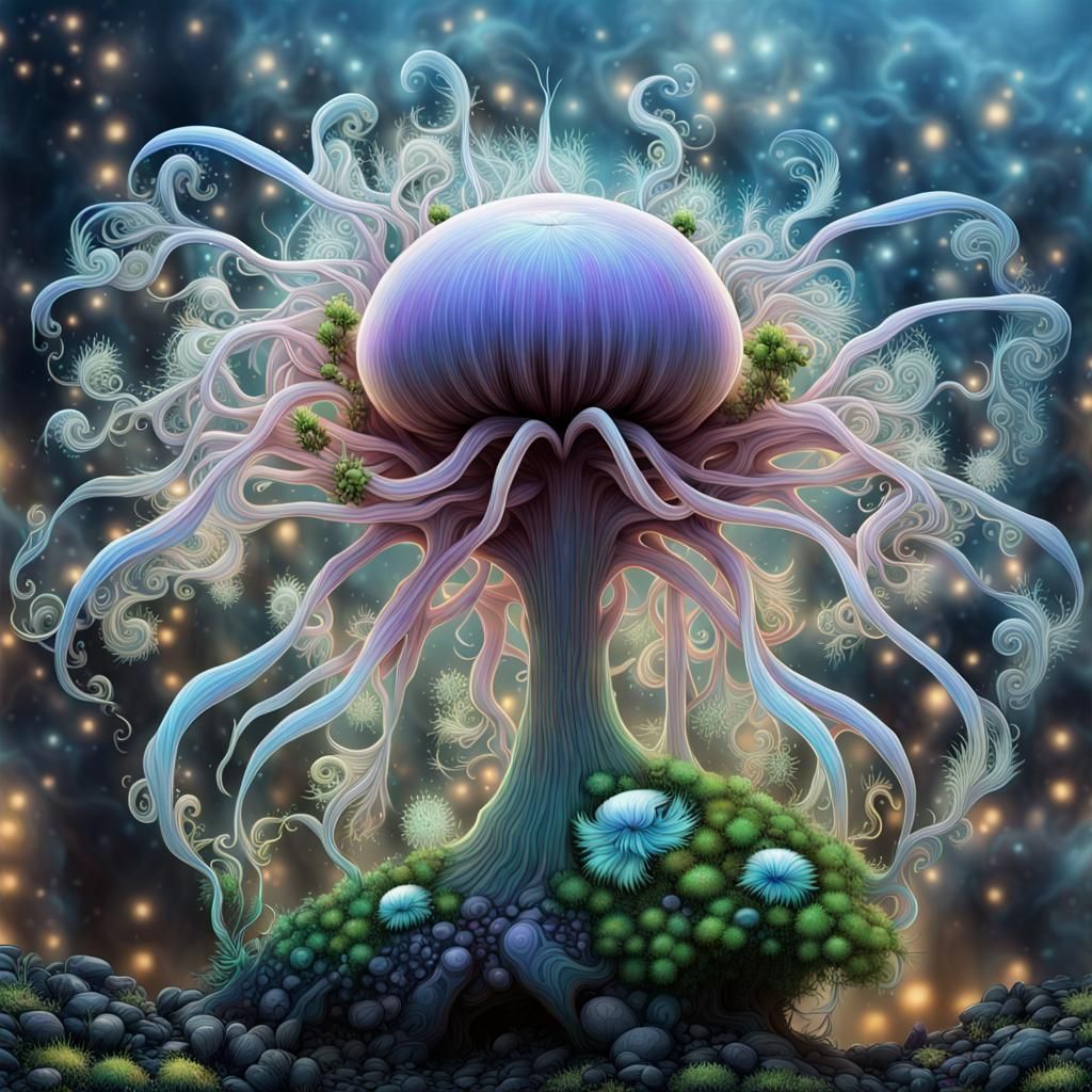 Futuristic Fractal City with Bioluminescent Anemone