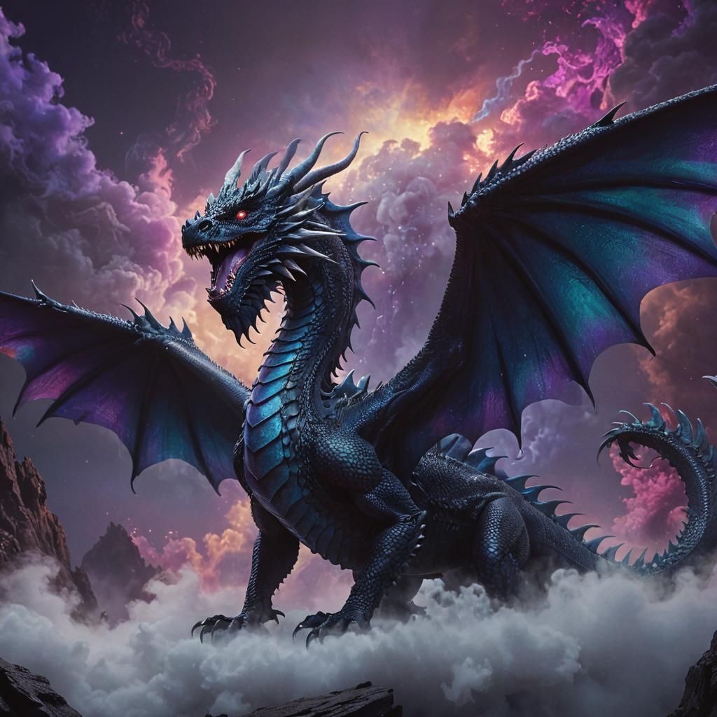 Majestic Iridescent Dragon in Mist, Digital Matte Painting
