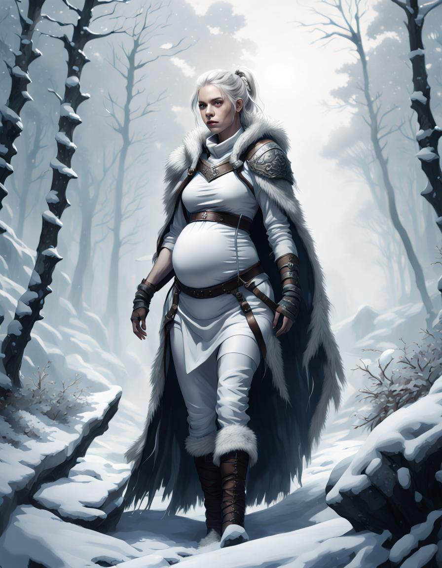 Pregnant Ranger in Snowy Forest, Digital Painting