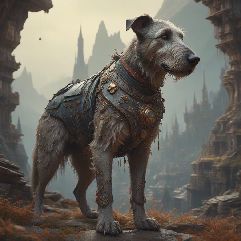 Majestic Wolfhound Hybrid in Opulent Armor, Holding a Halber...