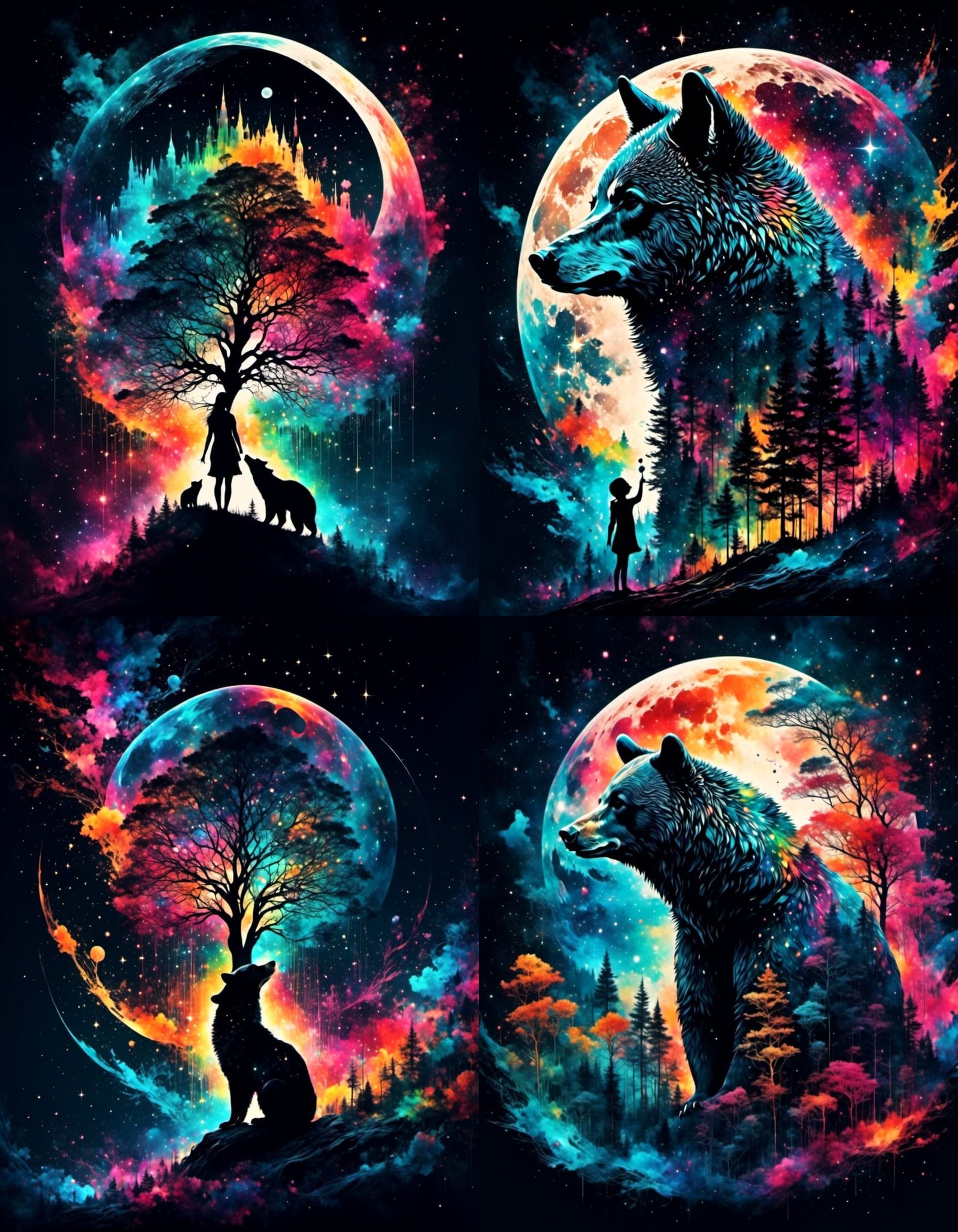 Detailed Moon Glowing in Dark, Rainbow Nebula