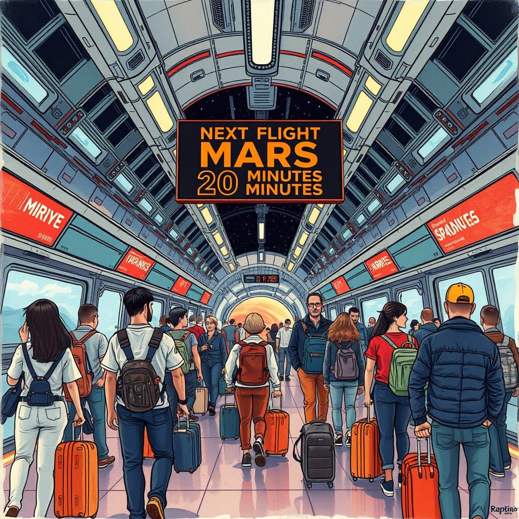 Busy Spaceport Terminal in Illustrated Retro-Futuristic Styl...