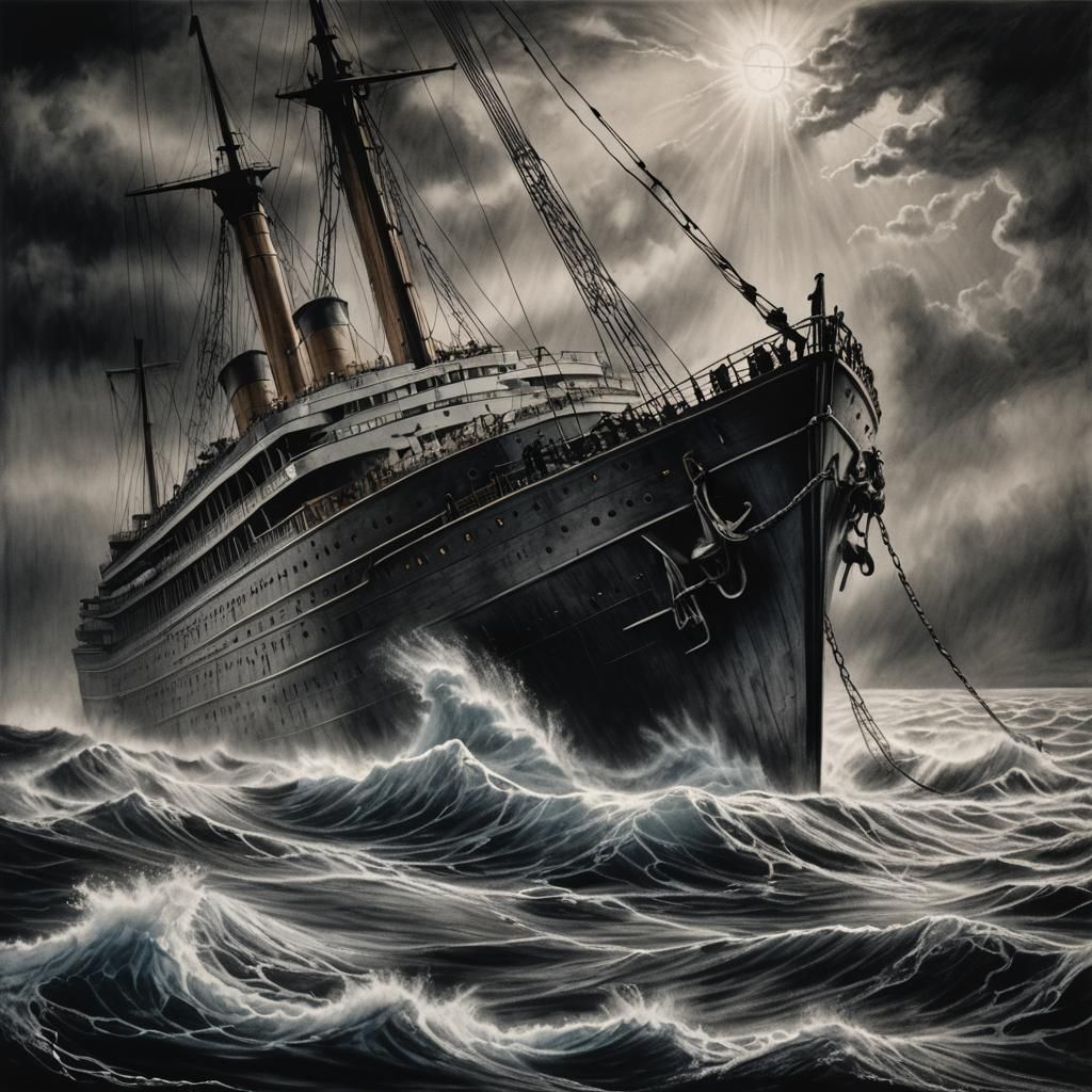 Titanic Bow Sinking: Hyper-Realistic Charcoal Drawing