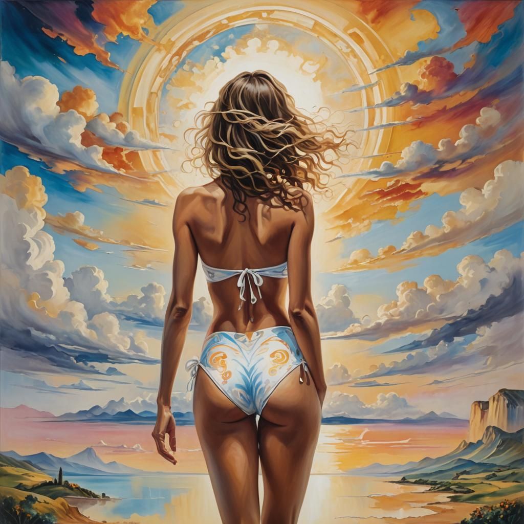 Surrealist Woman Gazing at Horizon, Oil Painting