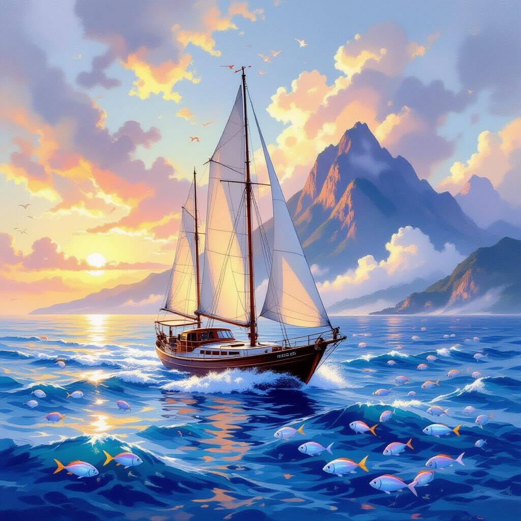 Sailboat on Ocean Floor in Watercolor Dreamscape