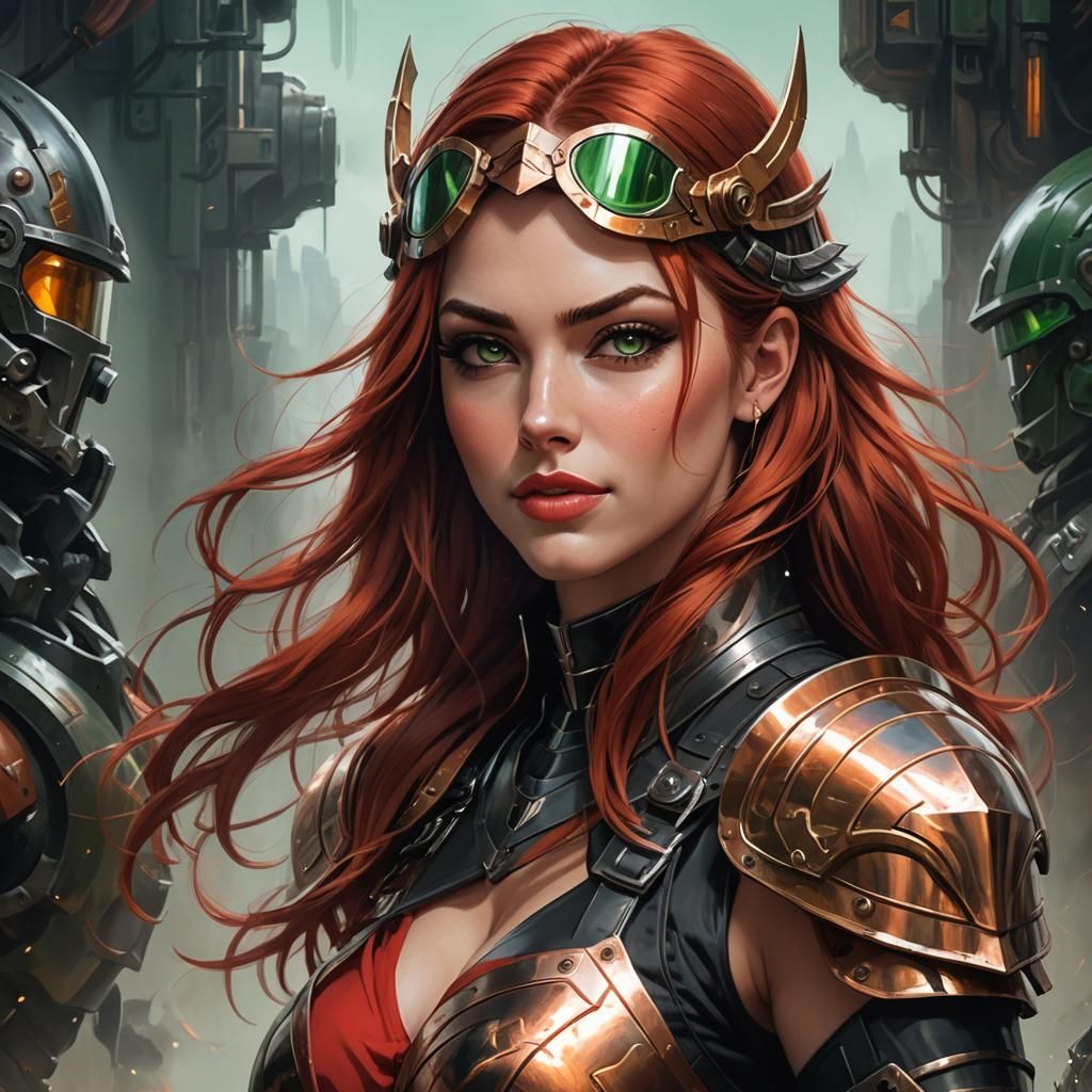 Dieselpunk Woman with Copper Hair and Green Eyes
