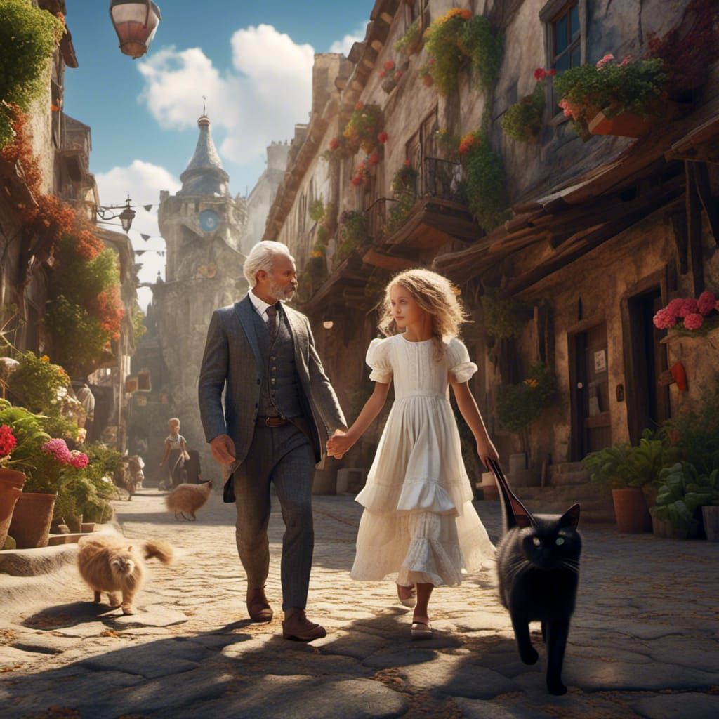 Man and Girl in Old Town: Detailed Matte Painting