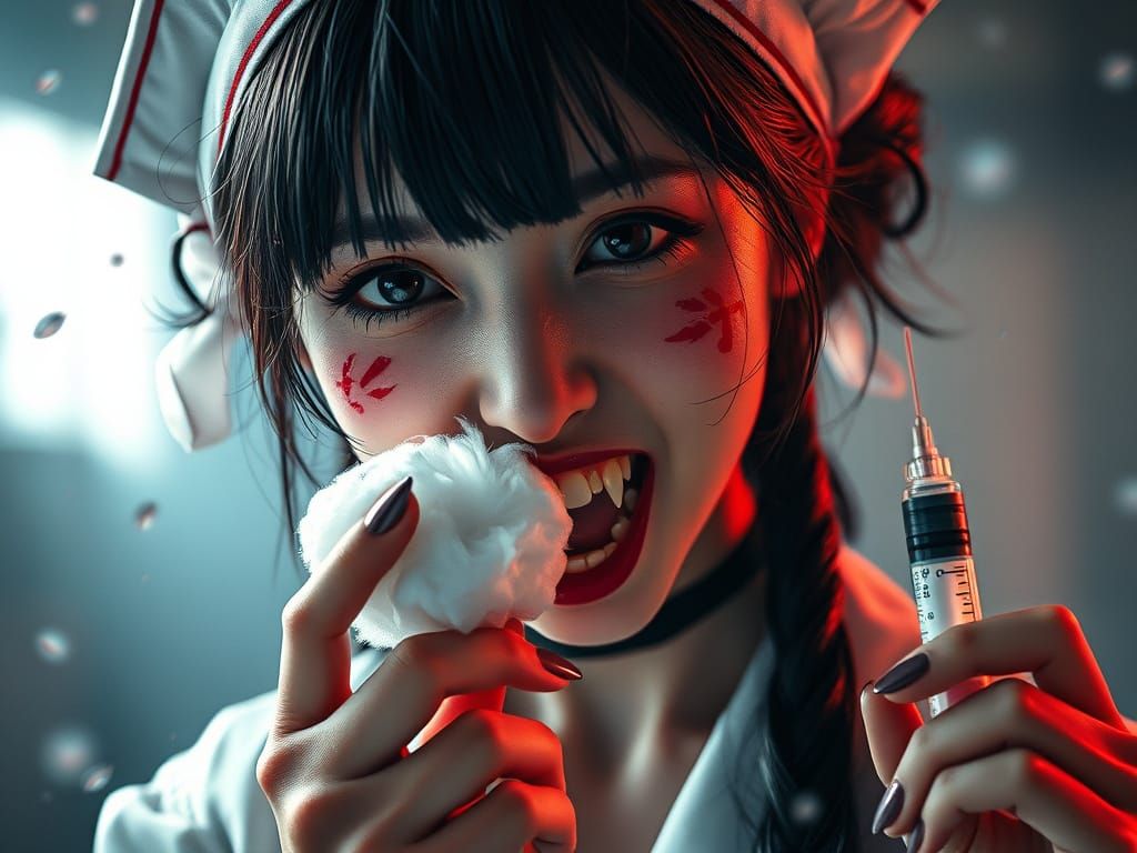 Japanese Vampire Nurse with Syringe: Detailed Digital Art