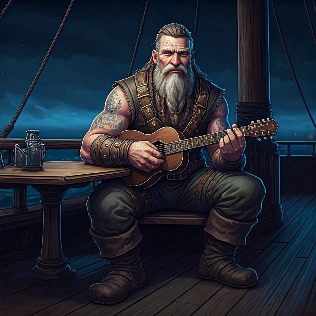 Viking Guitarist on a Boat, Frazetta Style