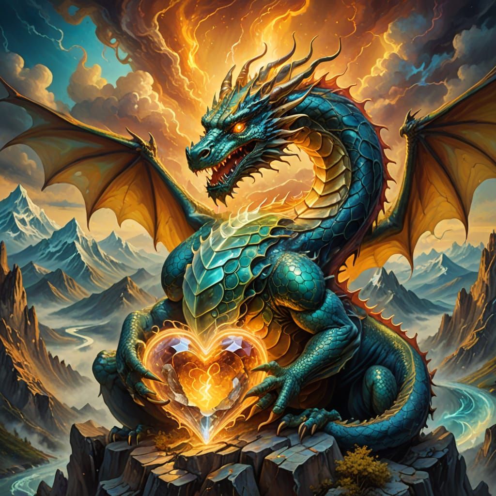 Translucent Dragon Coiling Around Heart Crystal in Oil Paint...
