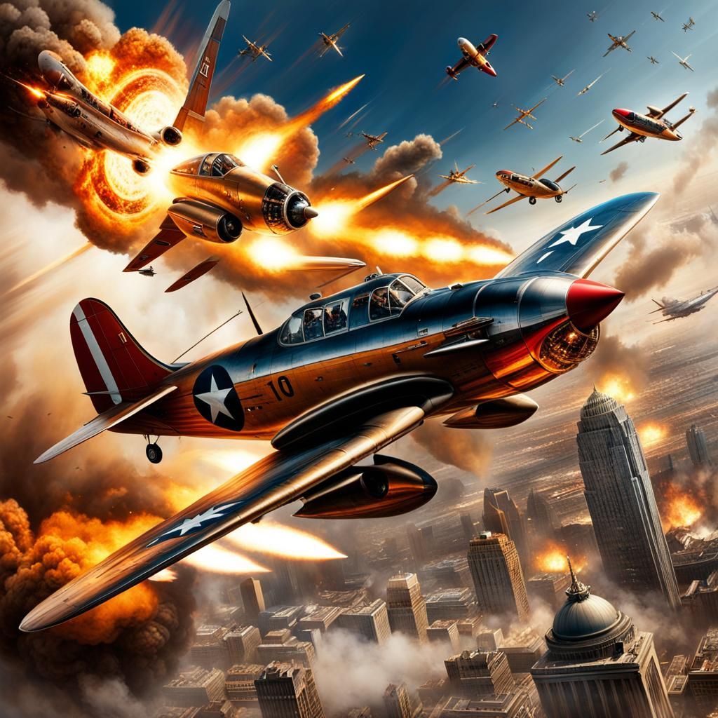 Rocketeer in Epic Aerial Battle: Digital Matte Painting