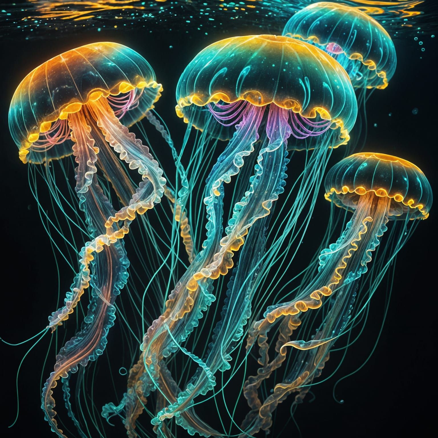 Bioluminescent Jellyfish in Dark Water, Vibrant and Glowing