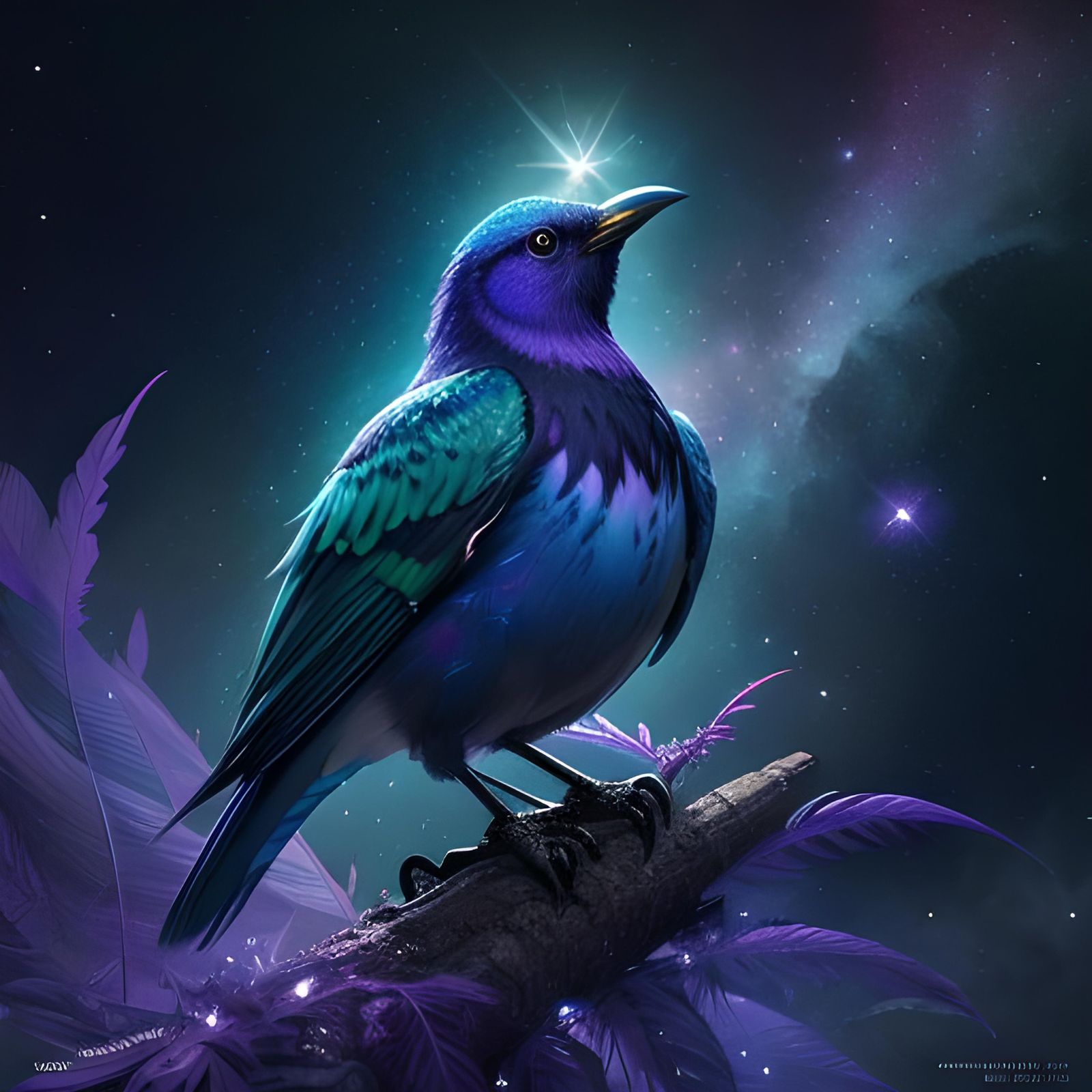 Iridescent Bird in Nebula Night Dream Garden