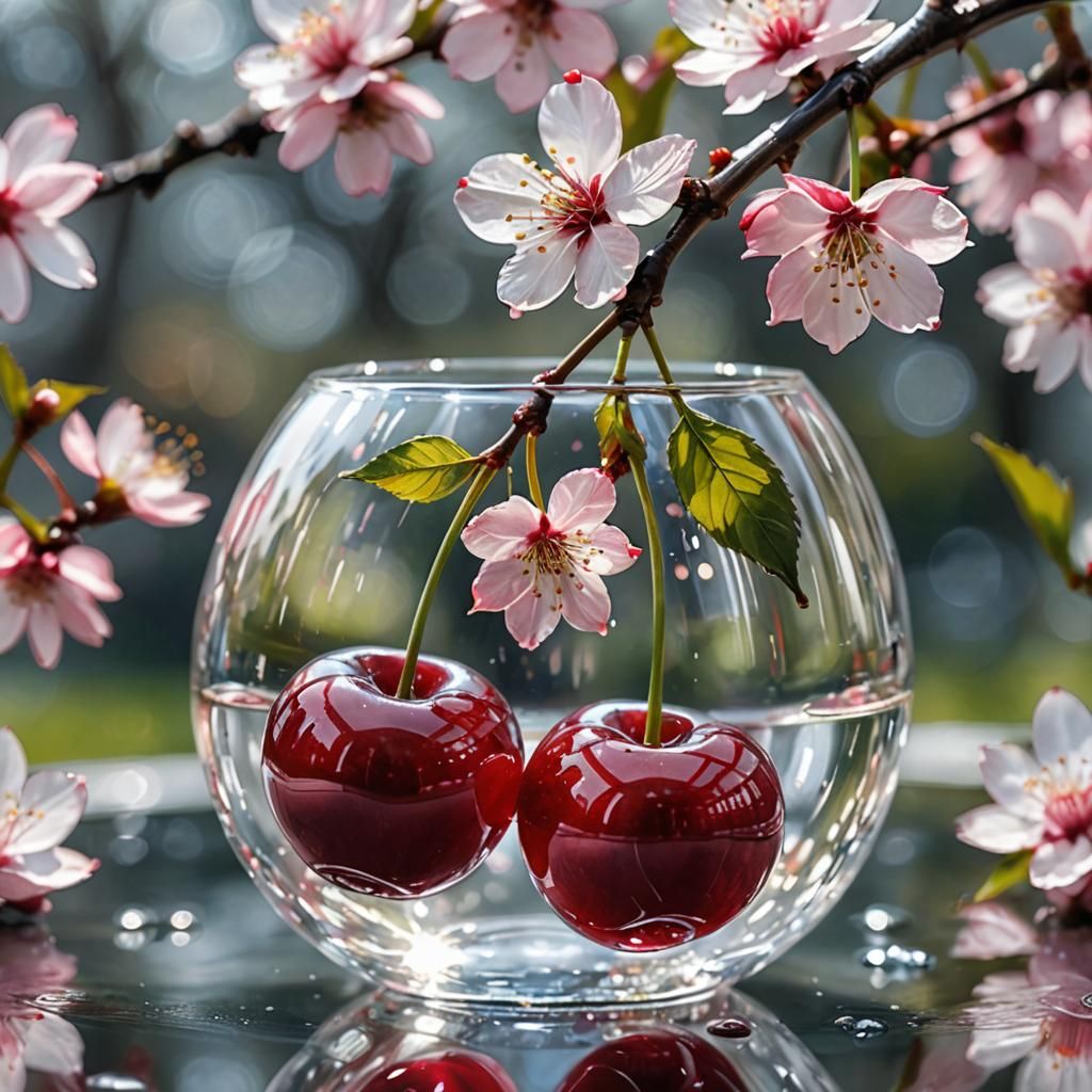 Crystal Cherry Blossoms Shimmering in Watercolor Style
