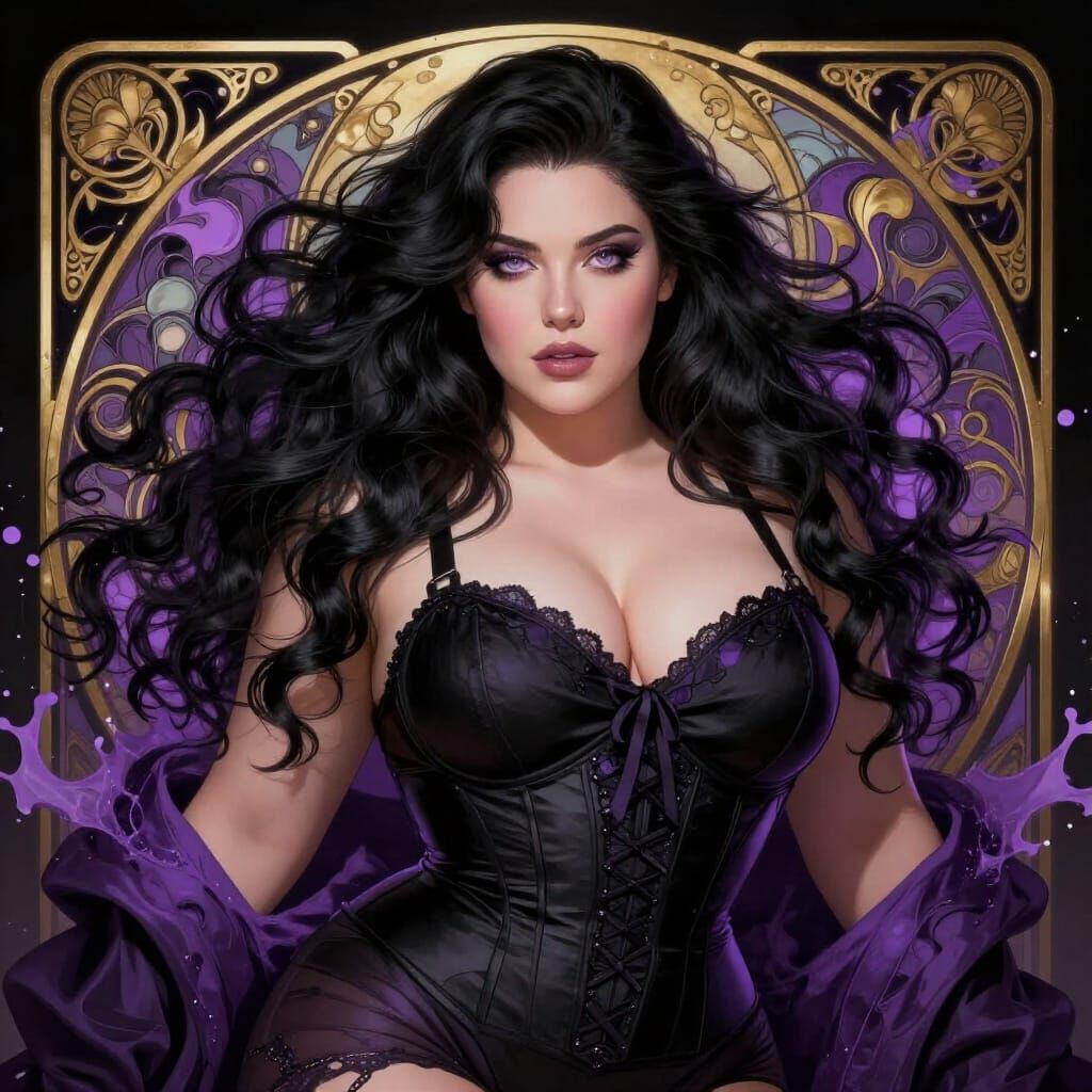 Mysterious Curvaceous Woman in Black and Purple