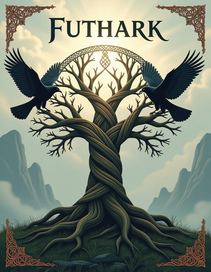 Yggdrasil Runic Tree with Ravens in Norse Style