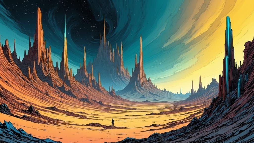 Alien Desert Landscape with Bizarre Flora in Moebius Style
