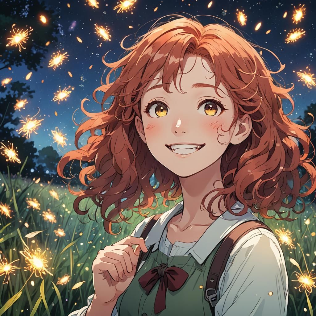 Anime Woman in Field of Fireflies: Key Visual