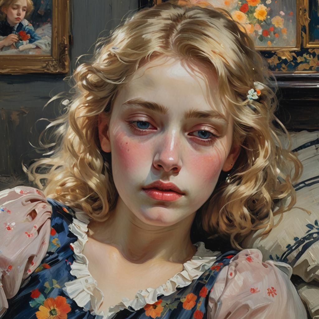 Dreamy Portrait of Sleeping Girl in Oil Painting Style